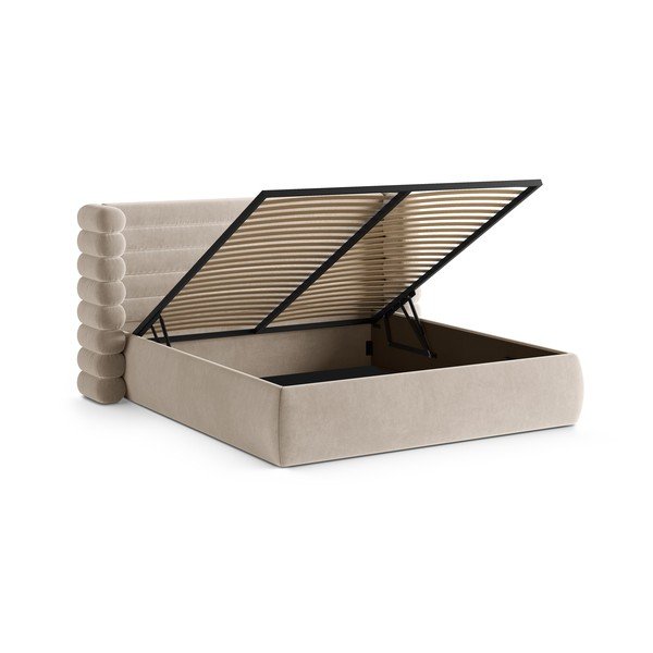 Бежово тапицирано двойно легло с място за съхранение и включена подматрачна рамка 180x200 cm Mount – Micadoni -image-2