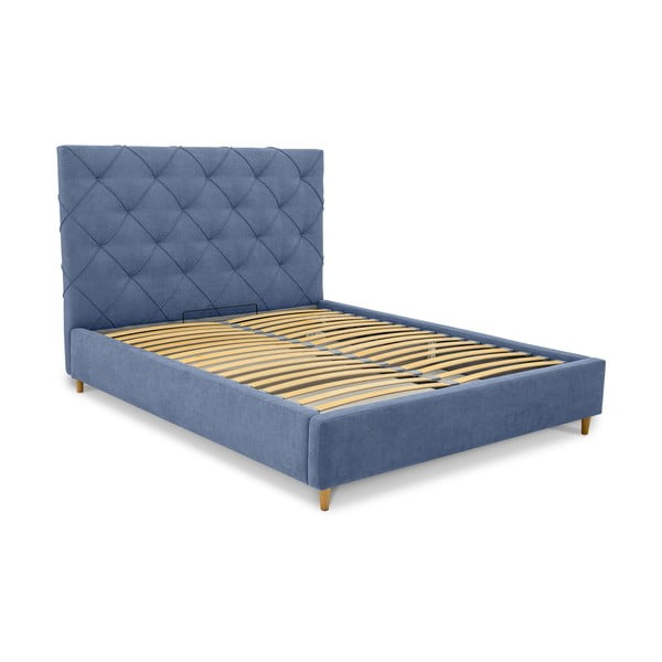 Синьо тапицирано  двойно легло с място за съхранение с включена подматрачна рамка 140x190 cm Bee – Scandic
