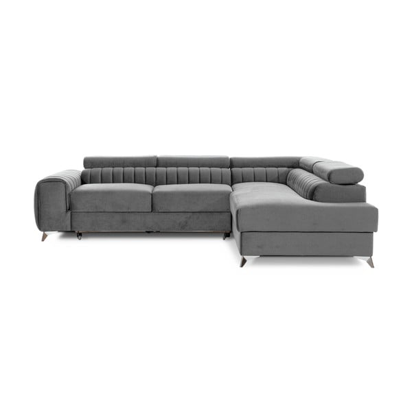 Сив кадифен разтегателен ъглов диван с място за съхранение (десен ъгъл L форма) Laurence – ELTAP