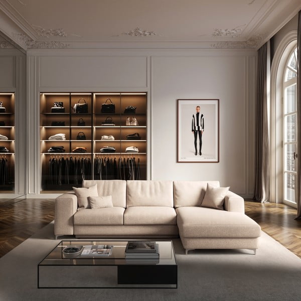 Бежов разтегателен ъглов диван с място за съхранение от букле (десен ъгъл) Rene – Rodier-image-1