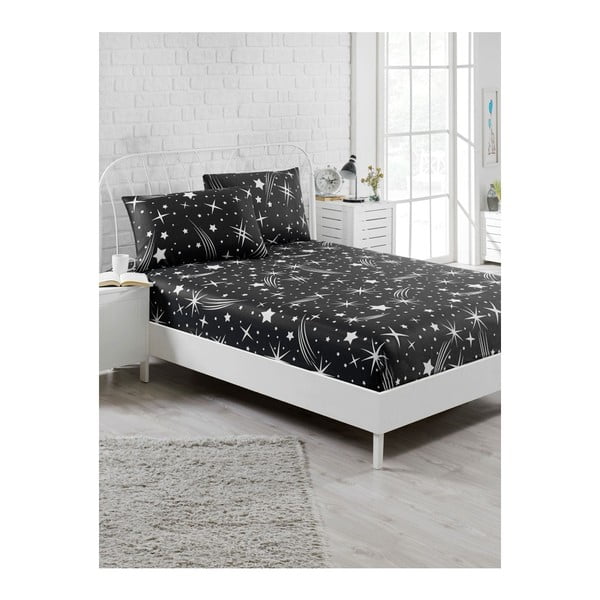 Комплект от черен ластичен чаршаф и 2 калъфки за възглавници за единично легло Starry Night, 160 x 200 cm - Mijolnir