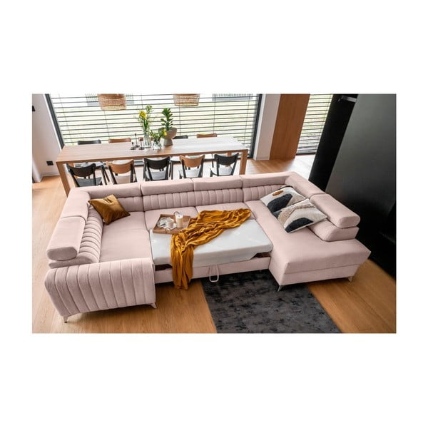 Розов разтегателен ъглов диван с място за съхранение (десен ъгъл U форма) Louis – ELTAP-image-3
