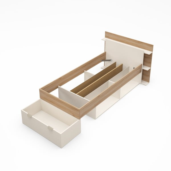 Бяло-естествено единично легло 90x200 cm от декор от дъб  с място за съхранение без ламелно дъно Albo – Marckeric-image-3