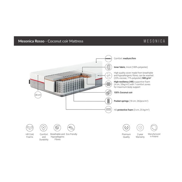 Матрак с пълнеж от кокосови влакна MESONICA Rosso, 200 x 120 cm-image-3