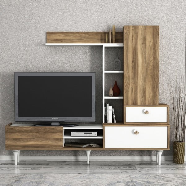 Комплект от скрин за телевизор и стенни шкафове от орехово дърво Destina - Tera Home