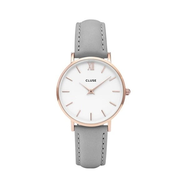 Дамски сив часовник с кожена каишка и детайли от розово злато Minuit - Cluse