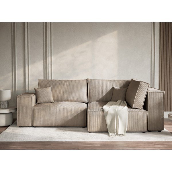 Бежов сгъваем/с място за съхранение ъглов диван от рипсено кадифе (десен ъгъл/L форма) Tonga – Maison de Rêve-image-1