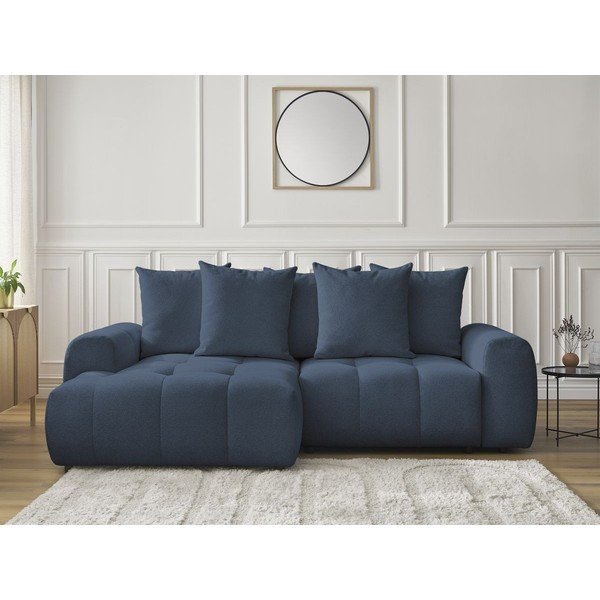 Син шенилов  разтегателен ъглов диван с място за съхранение (ляв ъгъл) Roxelane – Bobochic Paris-image-1