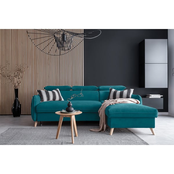 Ъглов разтегателен диван от тюркоазено кадифе (десен ъгъл) Sweet Harmony - Miuform-image-1