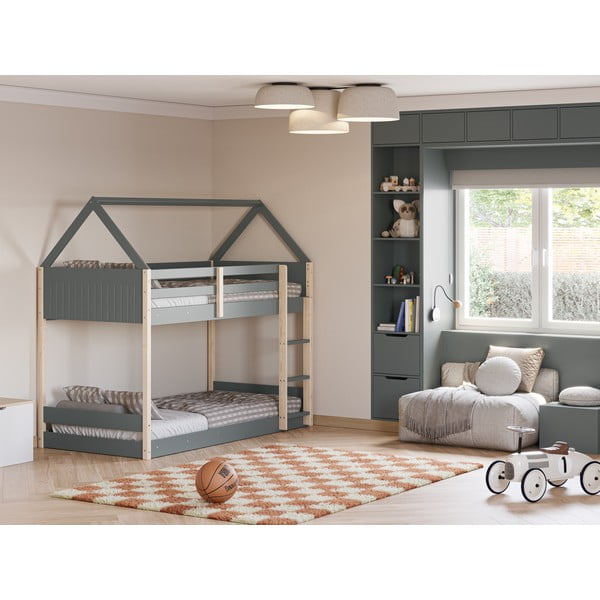 Къща/двуетажно детско легло 90x190 cm с включена подматрачна рамка в естествен цвят/сиво-зелено Valka – Marckeric-image-4