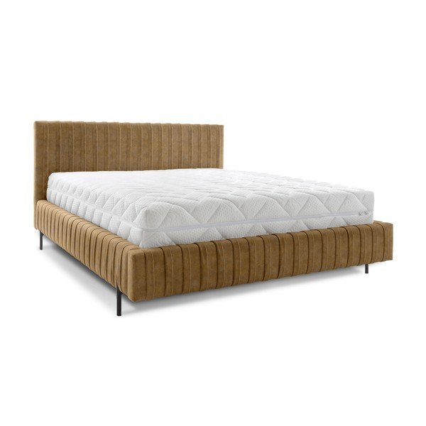 Двойно легло тапицирано с място за съхранение и включена подматрачна рамка в цвят жълта охра 140x200 cm Plissa – ELTAP
