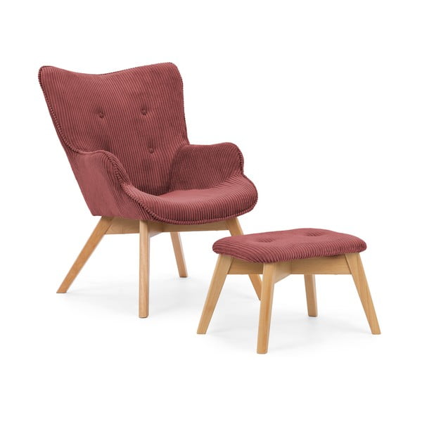 Червен  фотьойл с табуретка от рипсено кадифе Niko – Ropez