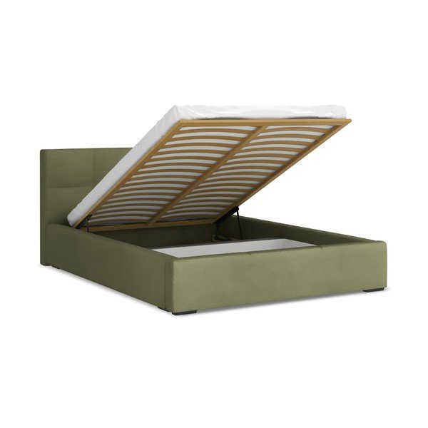 Зелено кадифено двойно легло 140x200 cm тапицирано с място за съхранение и включена подматрачна рамка Hiko – Makamii-image-1