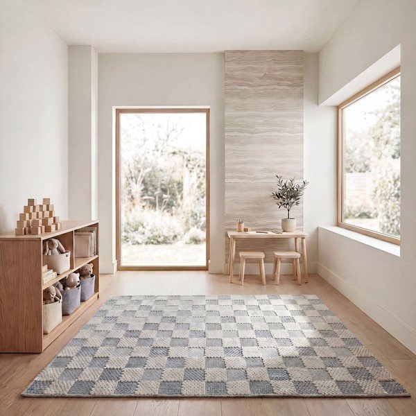 Син килим със смес от памук подходящ за пране 155x230 cm Muted Checkerboard – Flair Rugs-image-3