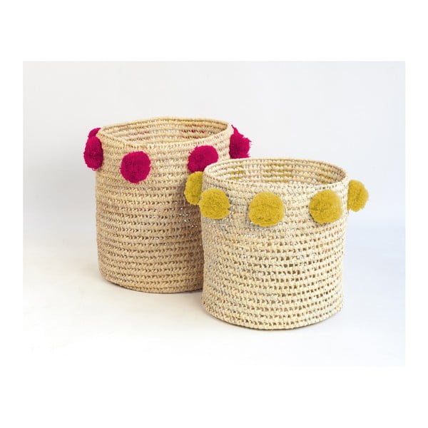 Sada 2 úložných košíků z palmových vláken s tmavě růžovými a žlutými dekoracemi Madre Selva Milo Basket