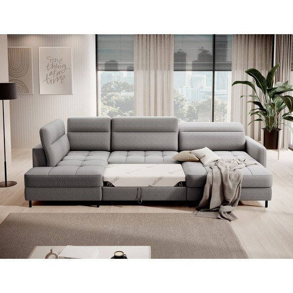 Светлосив кадифен разтегателен ъглов диван с място за съхранение (ляв ъгъл U форма) Berrto – ELTAP-image-4