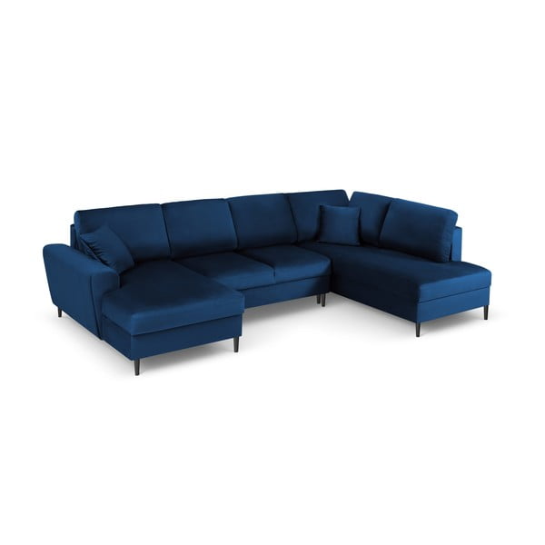 Син кадифен разтегателен ъглов диван с място за съхранение (десен ъгъл/U форма) Kyoto – Cosmopolitan Design-image-1