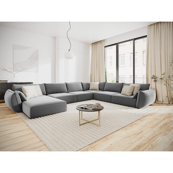 Светлосив кадифен ъглов диван (десен ъгъл/U форма) Vanda – Mazzini Sofas-image-1