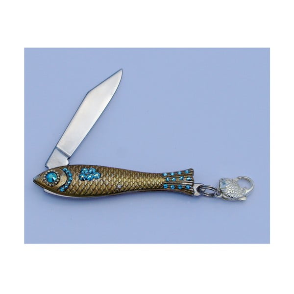 Český nožík rybička Azurová modř s krystaly, zlatá