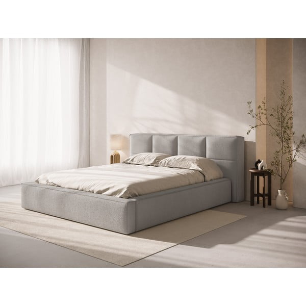 Светлосиво двойно тапицирано легло с място за съхранение с включена подматрачна рамка 160x200 cm Simon – Micadoni -image-1
