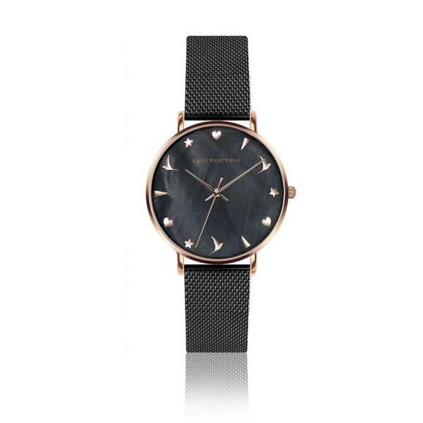 Дамски часовник с черна каишка от неръждаема стомана Aura - Emily Westwood
