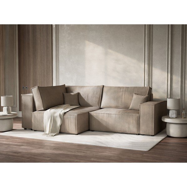 Бежов сгъваем/с място за съхранение ъглов диван от рипсено кадифе (ляв ъгъл/L форма) Tonga – Maison de Rêve-image-4