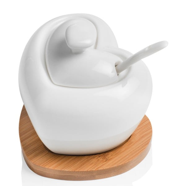 Порцеланова захарница с лъжица и бамбукова подложка Сърце - Brandani-image-1