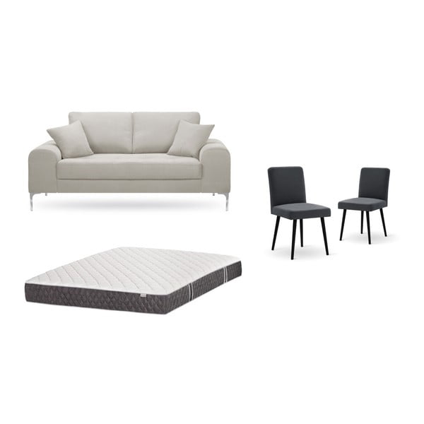 Комплект от двуместен кремав диван, 2 антрацитно сиви стола и матрак 140 x 200 cm - Home Essentials