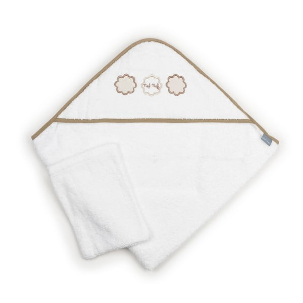 Бебешка кърпа с качулка и ръкавица за пране с бежови детайли Tres Chic, 75 x 75 cm - Naf Naf
