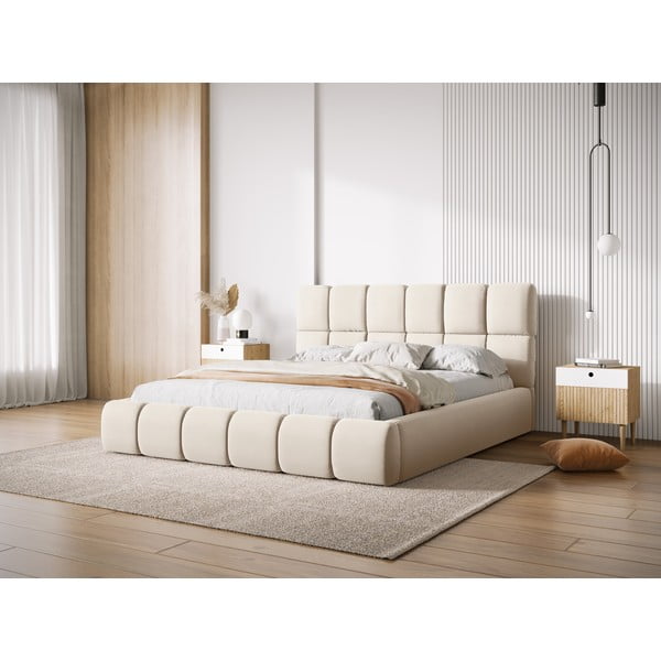 Кремаво тапицирано кадифено двойно легло с място за съхранение с включена подматрачна рамка 180x200 cm Bellis – Micadoni -image-1