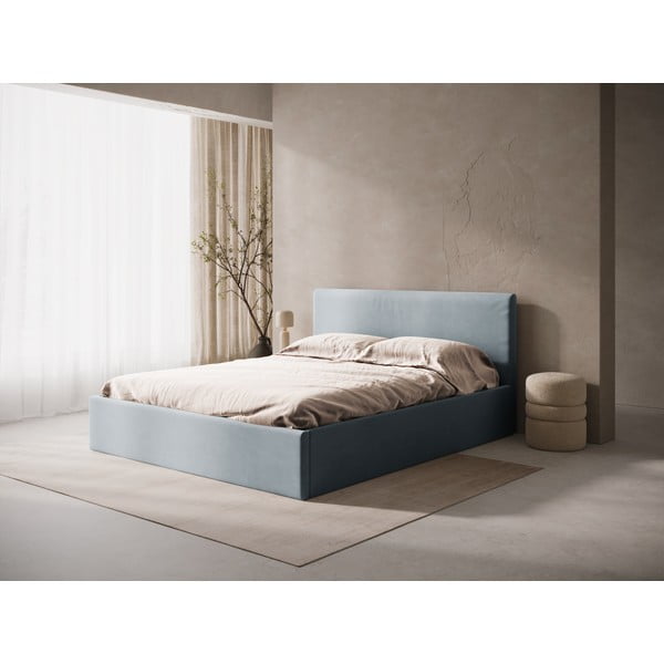 Светлосиньо двойно легло 200x200 cm тапицирано с място за съхранение/без табла с включена подматрачна рамка Susan – Micadoni -image-1