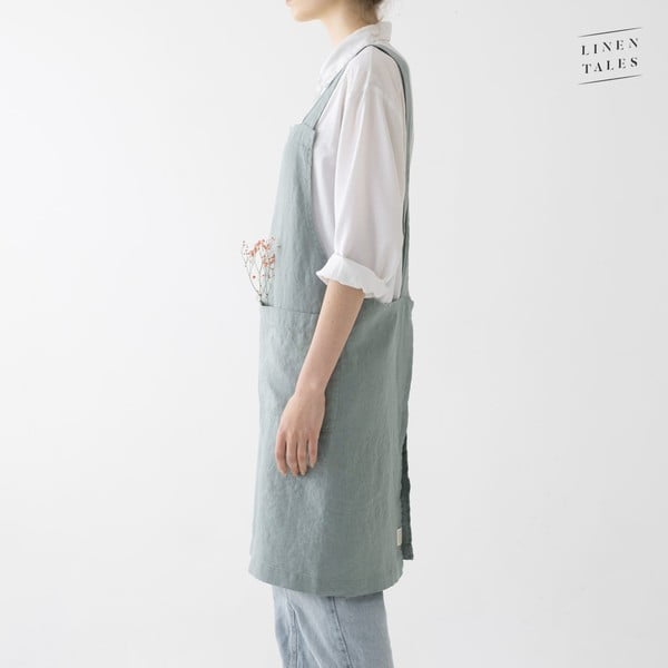 Зелена ленена престилка, дължина 80 cm Crossback - Linen Tales-image-2