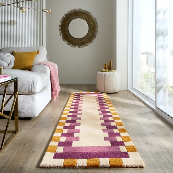 Жълто-розова ръчно изработена вълнена пътека 60x230 cm Kai Wool Border – Flair Rugs-image-1