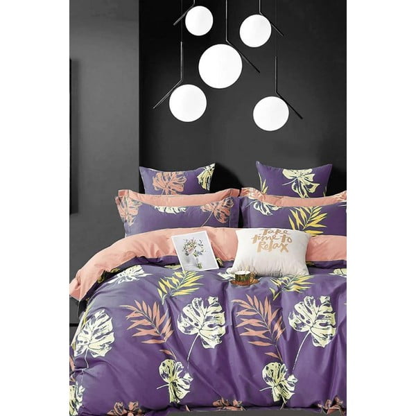 Лилав удължен памучен чаршаф за двойно легло от четири части 200x220 cm Leaves – Mila Home