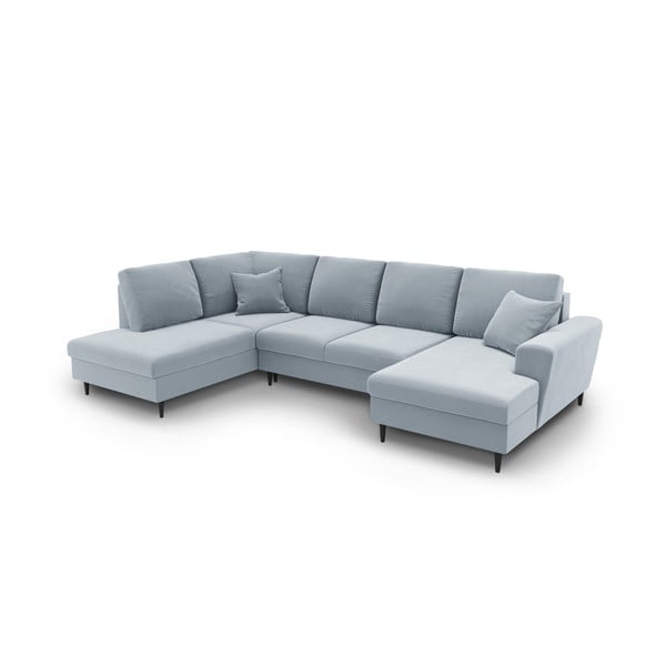 Светлосин кадифен разтегателен ъглов диван с място за съхранение (ляв ъгъл/U форма) Kyoto – Cosmopolitan Design-image-1