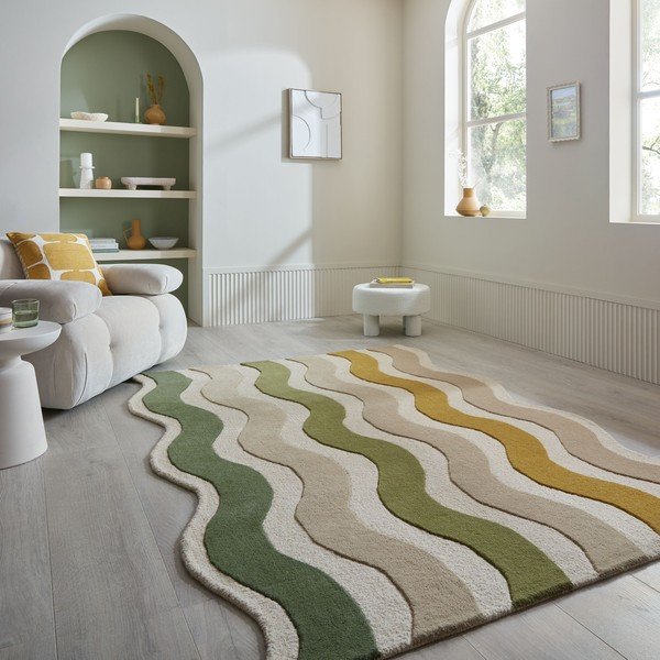 Зелен/в естествен цвят ръчно изработен вълнен килим 140x200 cm Cascade Wool – Flair Rugs-image-1