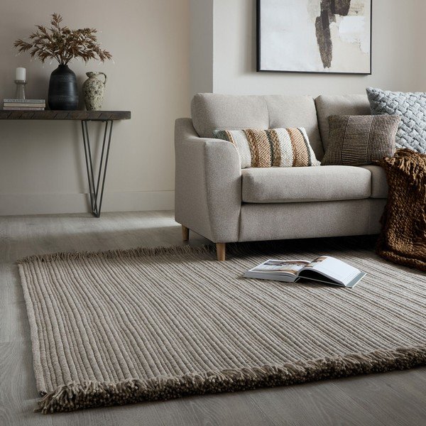 Сив ръчно изработен килим със смес от вълна 160x230 cm Rene Fringed Ribbed – Flair Rugs-image-1