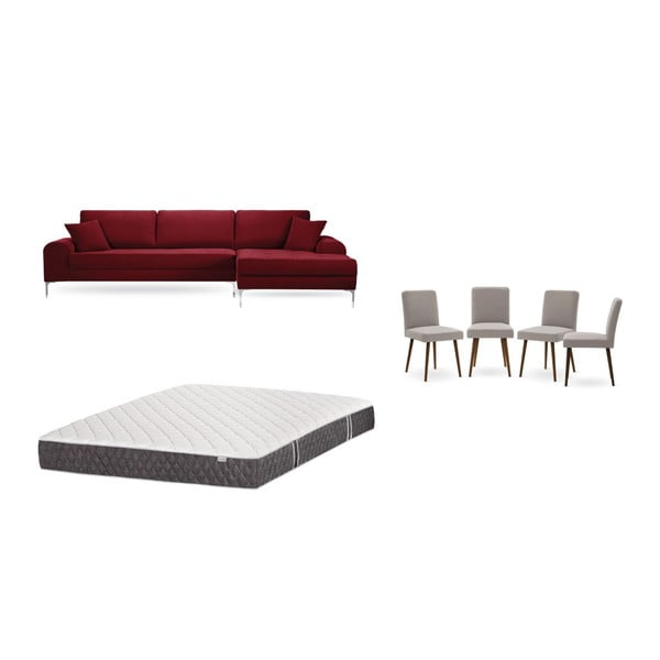 Комплект от червен диван с мързелив диван вдясно, 4 сиво-бежови стола и матрак 160 x 200 cm - Home Essentials