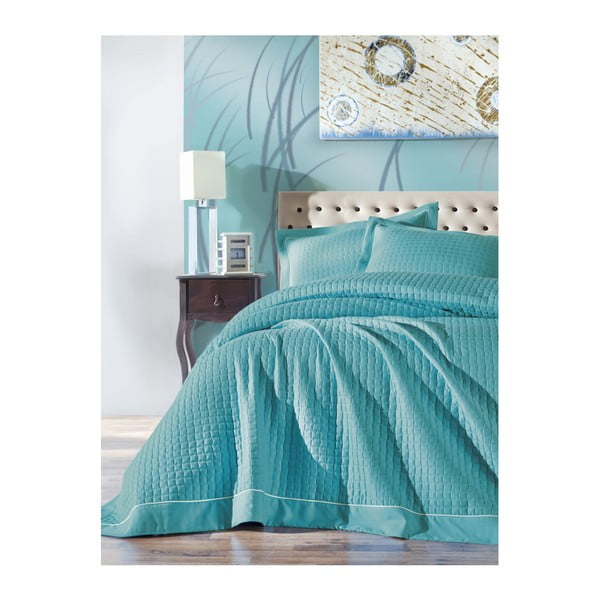 Комплект от тюркоазено покривало за двойно легло и 2 калъфки за възглавници Permento Azul, 230 x 260 cm - Mijolnir