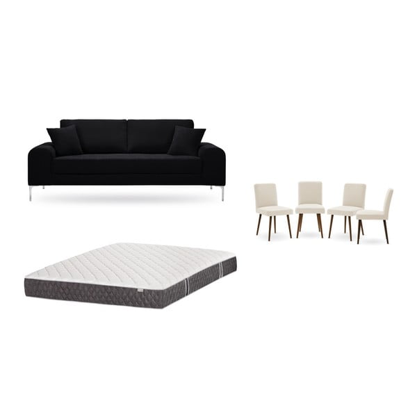 Комплект от триместен черен диван, 4 кремави стола и матрак 160 x 200 cm - Home Essentials