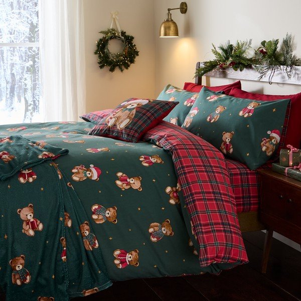 Червено/тъмнозелено единично  спално бельо 150x120 cm Christmas Tartan Teddy Bear – Catherine Lansfield-image-4