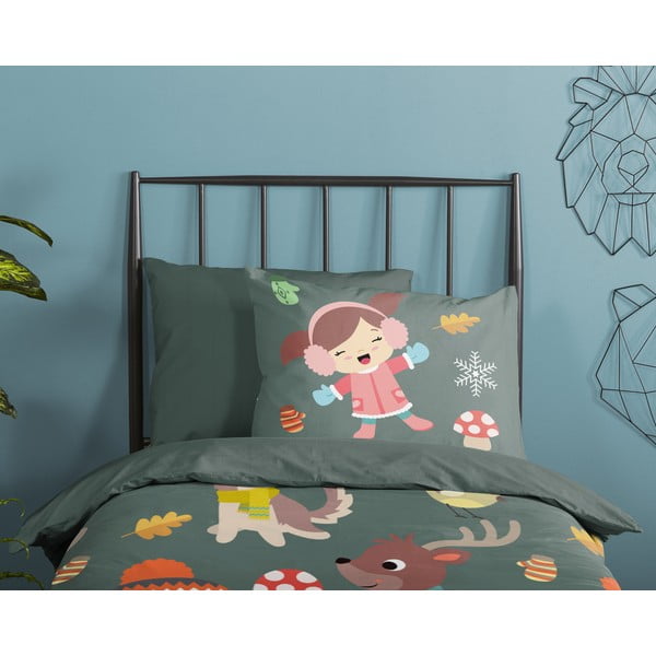 Тъмнозелено единично удължено памучно детско спално бельо 140x220 cm Fun – Good Morning-image-2