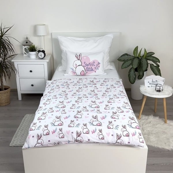 Бяло-розово памучно детско спално бельо 100x135 cm Bunny "Sweet" – Jerry Fabrics-image-1