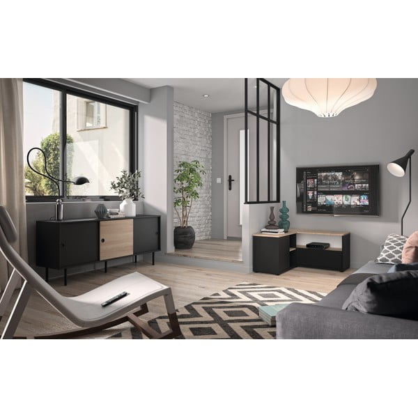 Масичка за телевизор с дъбов декор в черен и естествен цвят 90x45 cm Angle - TemaHome-image-1