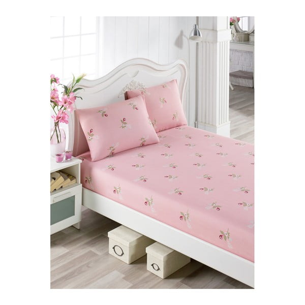 Комплект от розов чаршаф и 2 калъфки за възглавници за двойно легло Lunteo Lusno, 160 x 200 cm - Mijolnir