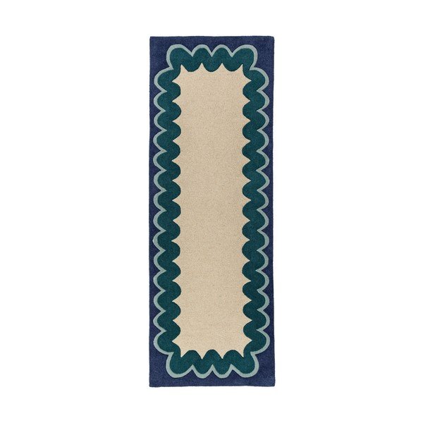 Ръчно изработена вълнена пътека в естествен цвят/тюркоазена 80x230 cm Wiggle Wool – Flair Rugs