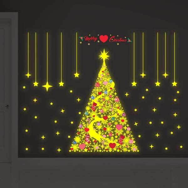 Ve tmě svítící samolepka Walplus Glow In The Dark Magic Snowflakes Christmas Tree Deco Set