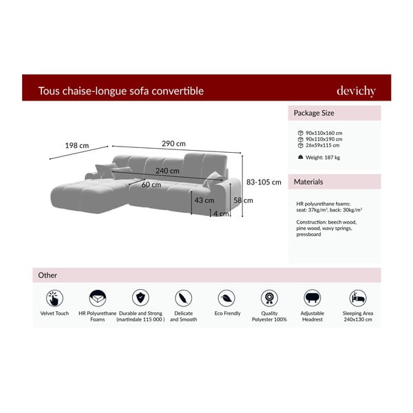 Тъмнорозов кадифен диван Devichy ъглов диван, десен ъгъл Tous - devichy-image-3