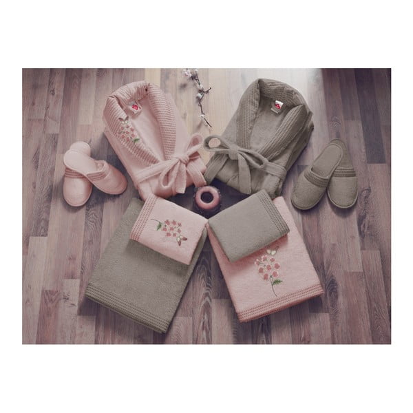 Комплект от дамски и мъжки халат, кърпи, хавлии и 2 чифта чехли в бежово и розово Семейна баня - Mijolnir