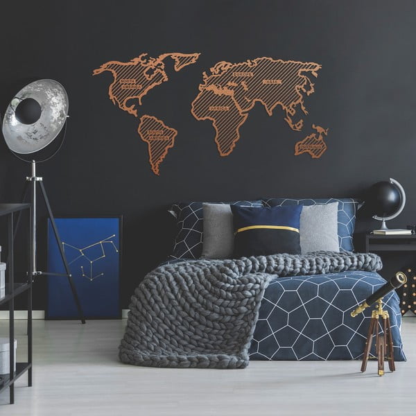 Метална декорация за стена в меден цвят Карта на света в ивици, 120 x 65 cm - Unknown